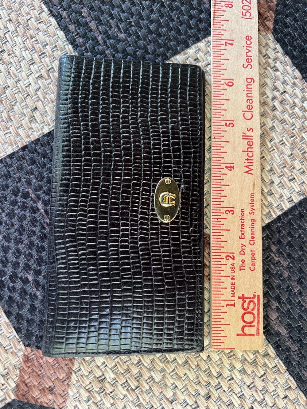 Vintage Etienne Aigner Black Mock Croc / Lizard Embossed Checkbook Cover Wallet